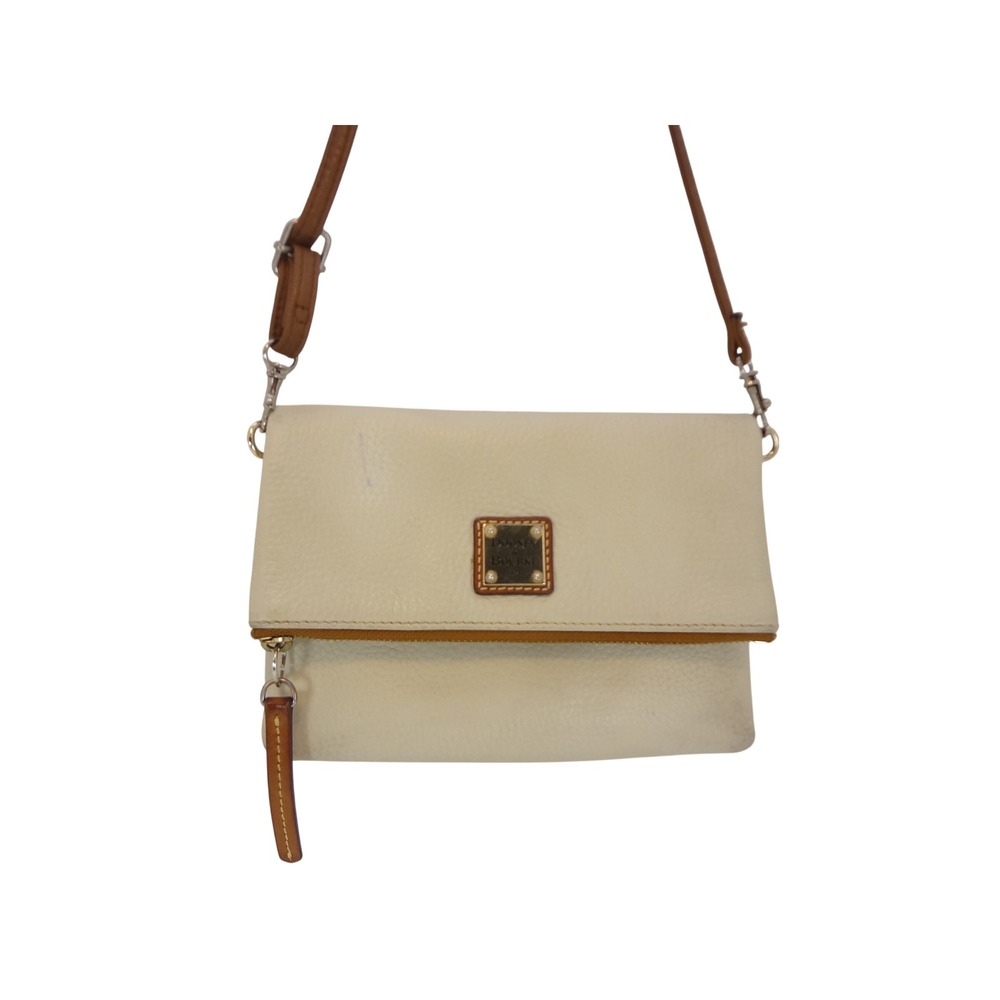 Dooney & Bourke Foldover Crossbody Bag Cream Tan Leather Good Pebbled Logo
